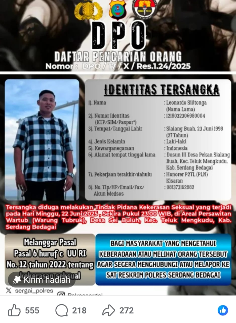 Alamak,Postingan DPO Polres Sergai Banjir Komentar Pedas Netizen Minta Bantu tapi Malah Kena Semprot.