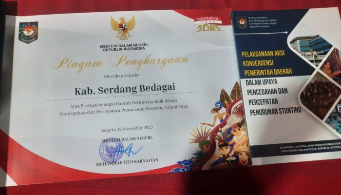 Komit Cegah Stunting, Pemkab Sergai Terima Penghargaan Kemendagri.